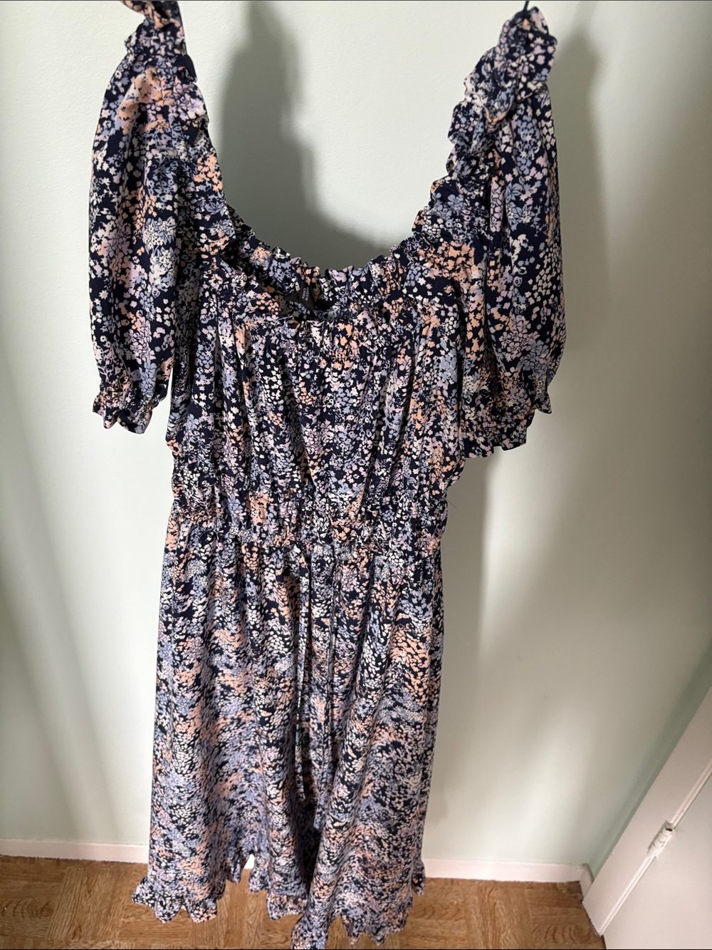 RW&CO. Navy Floral Midi Dress with Peach and White Blossoms